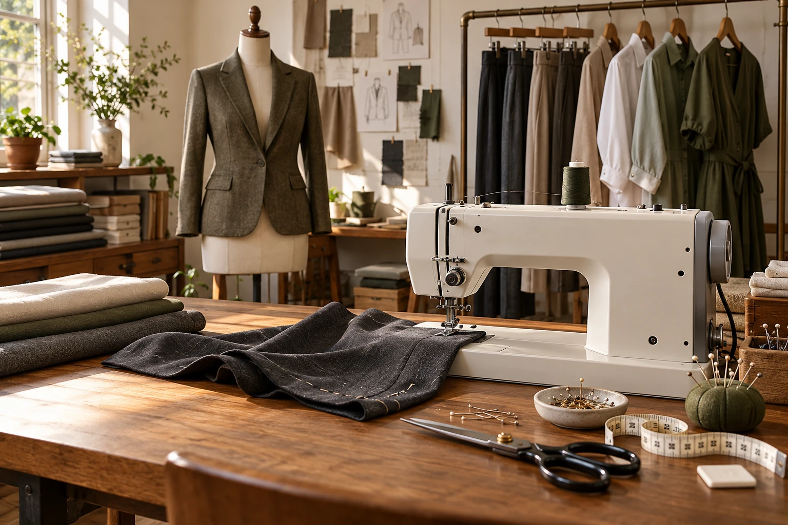 Schneideratelier mit Nähmaschine, Hosenänderung auf dem Arbeitstisch, Schere, Massband, Schneiderpuppe und aufgehängten Kleidungsstücken