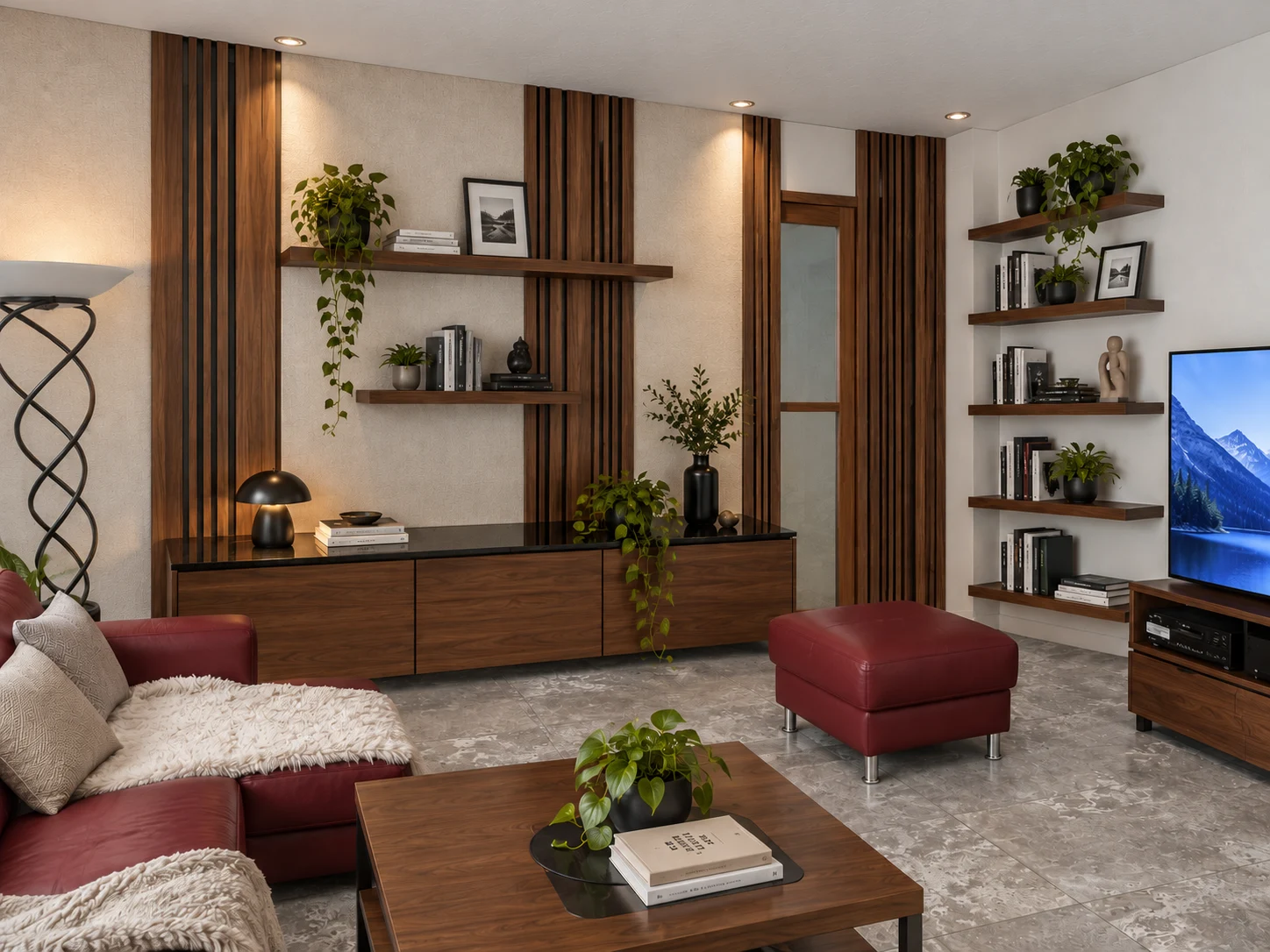 Wohnraumidee mit einzelnen Holzpaneelen zwischen hellen Wandflächen, Regalen und Sideboard